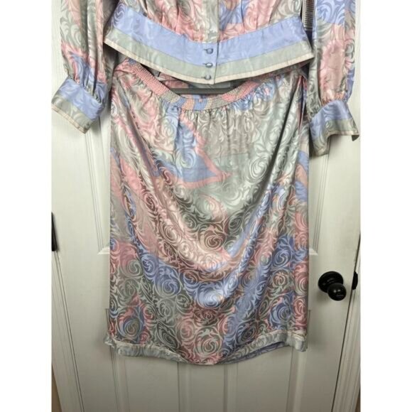 Anne Crimmins for Umi Collections 80s Silk Blouse Skirt Set Pastels Satin Sz 14 - Picture 11 of 12